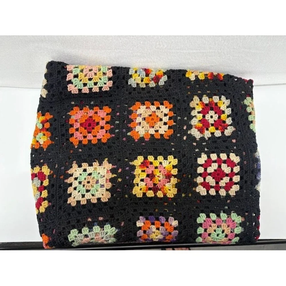 Hand Crochet Coverlet Twin Size 67 x 20 Black‎ and Multicolor Vintage 60's